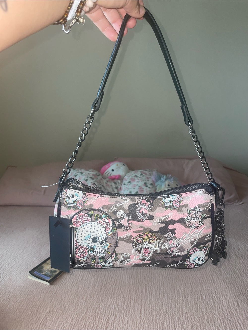 Ed Hardy Pink, Gray & Black Embellished ✨ Skull-Print Shoulder Bag ☠️